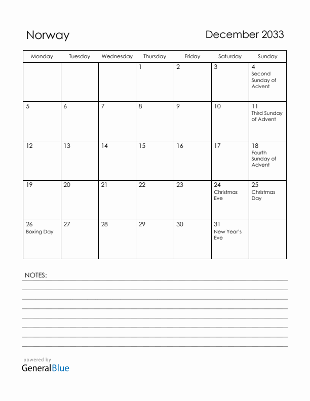 December 2033 Norway Calendar with Holidays (Monday Start)