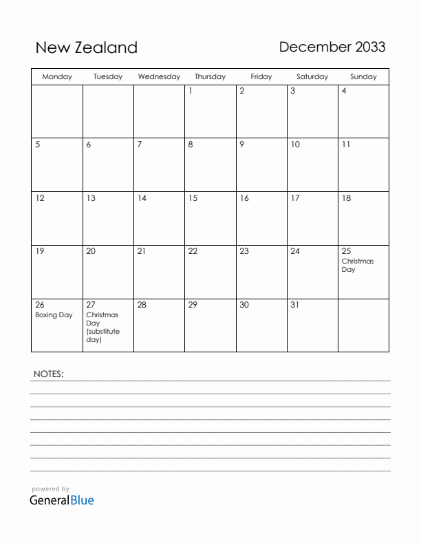 December 2033 New Zealand Calendar with Holidays (Monday Start)