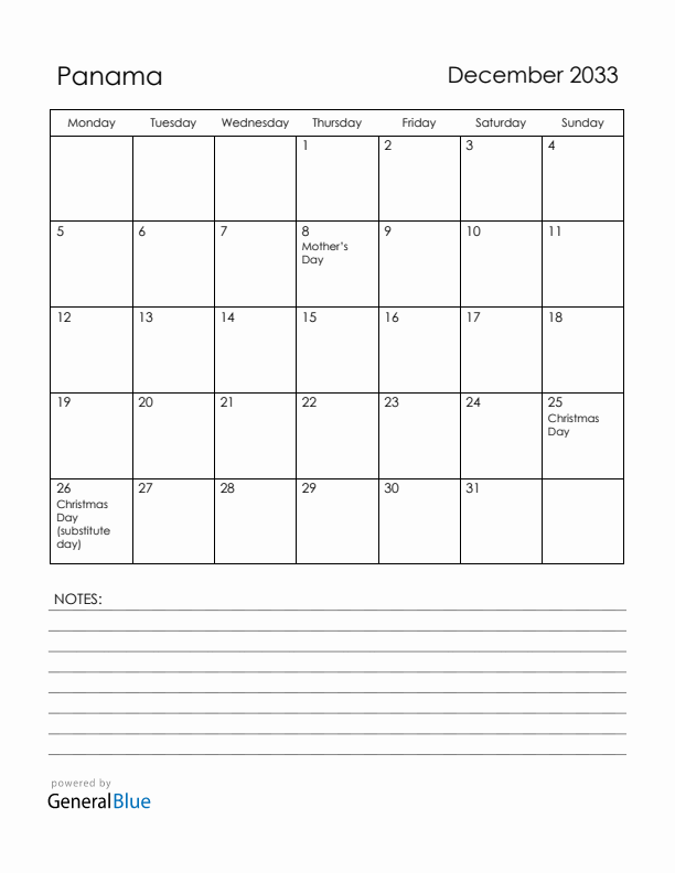 December 2033 Panama Calendar with Holidays (Monday Start)