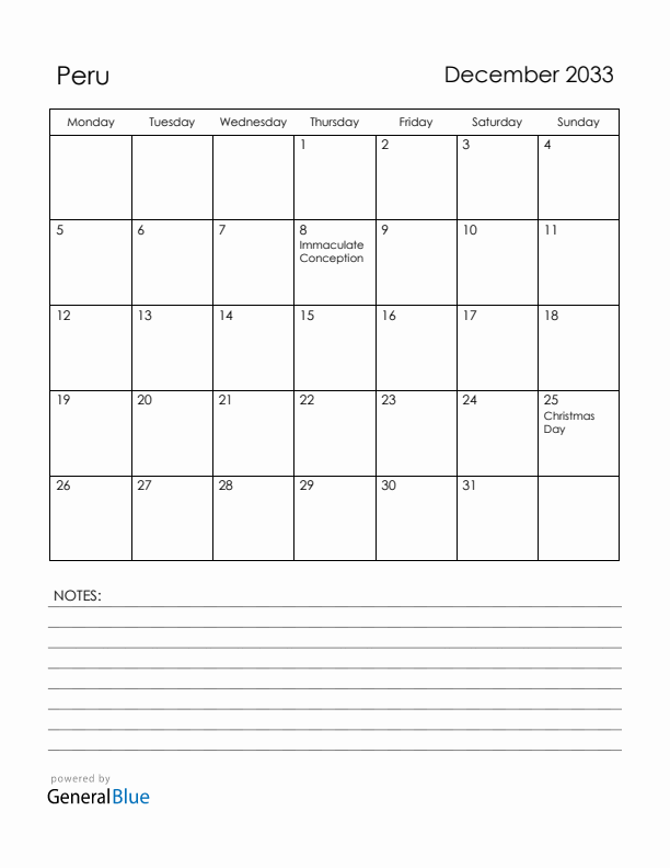 December 2033 Peru Calendar with Holidays (Monday Start)