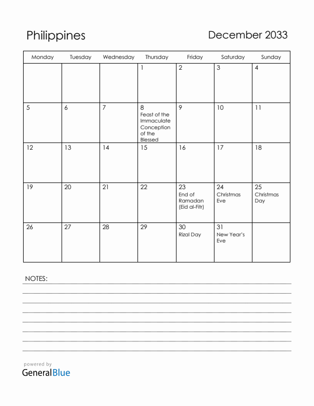 December 2033 Philippines Calendar with Holidays (Monday Start)