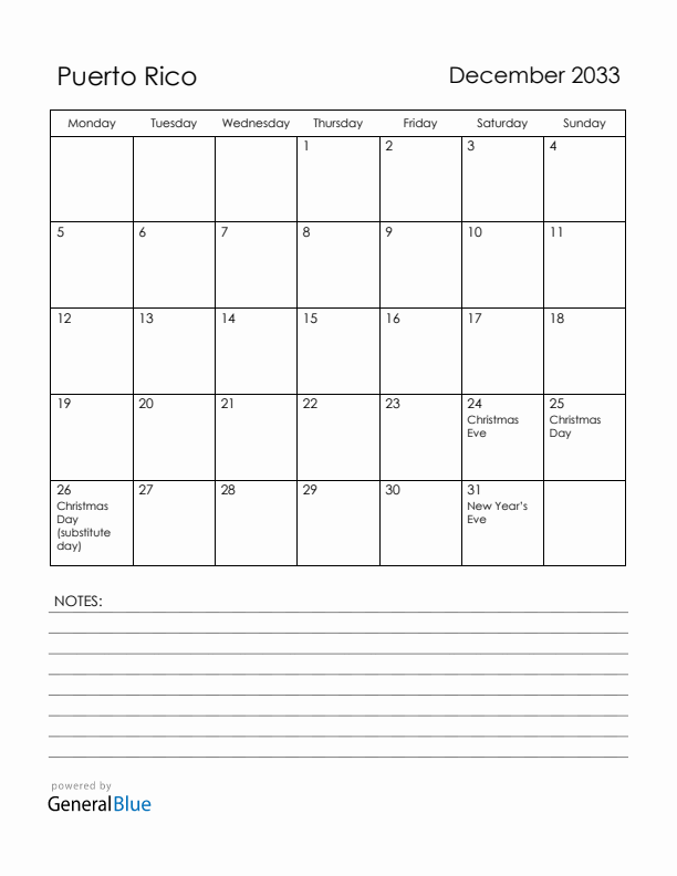 December 2033 Puerto Rico Calendar with Holidays (Monday Start)