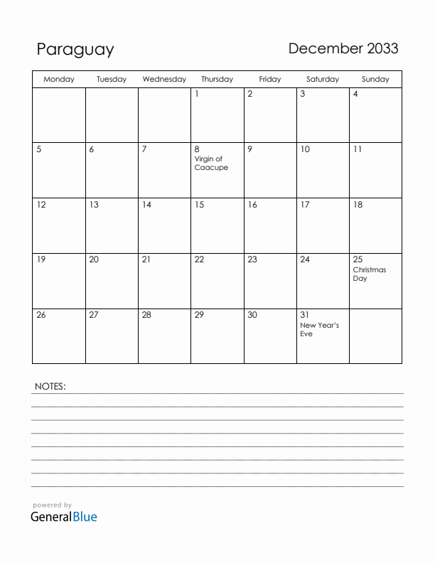 December 2033 Paraguay Calendar with Holidays (Monday Start)