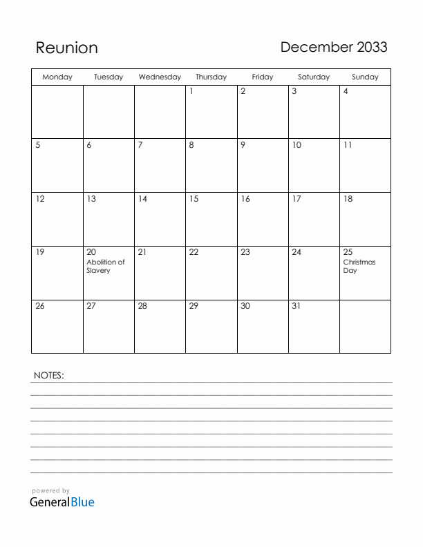 December 2033 Reunion Calendar with Holidays (Monday Start)