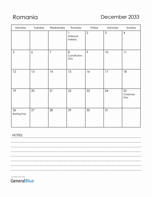 December 2033 Romania Calendar with Holidays (Monday Start)