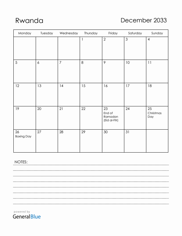 December 2033 Rwanda Calendar with Holidays (Monday Start)