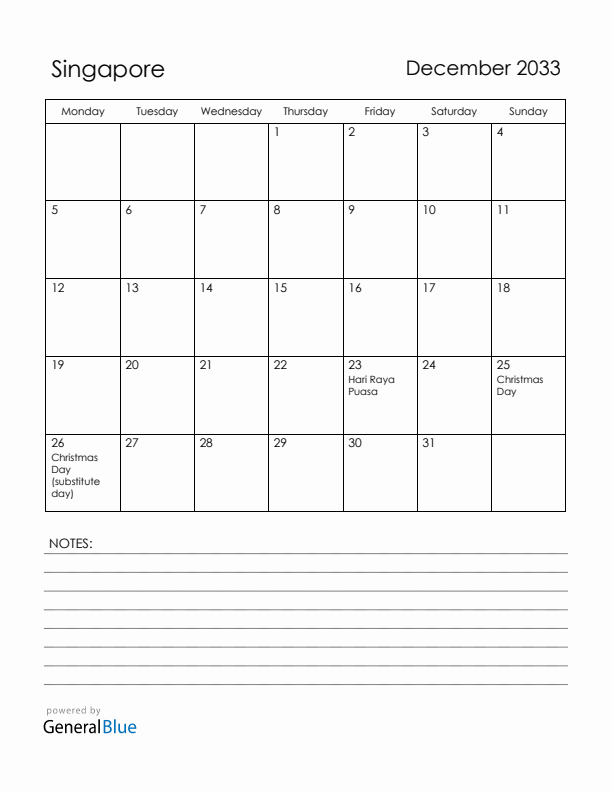 December 2033 Singapore Calendar with Holidays (Monday Start)