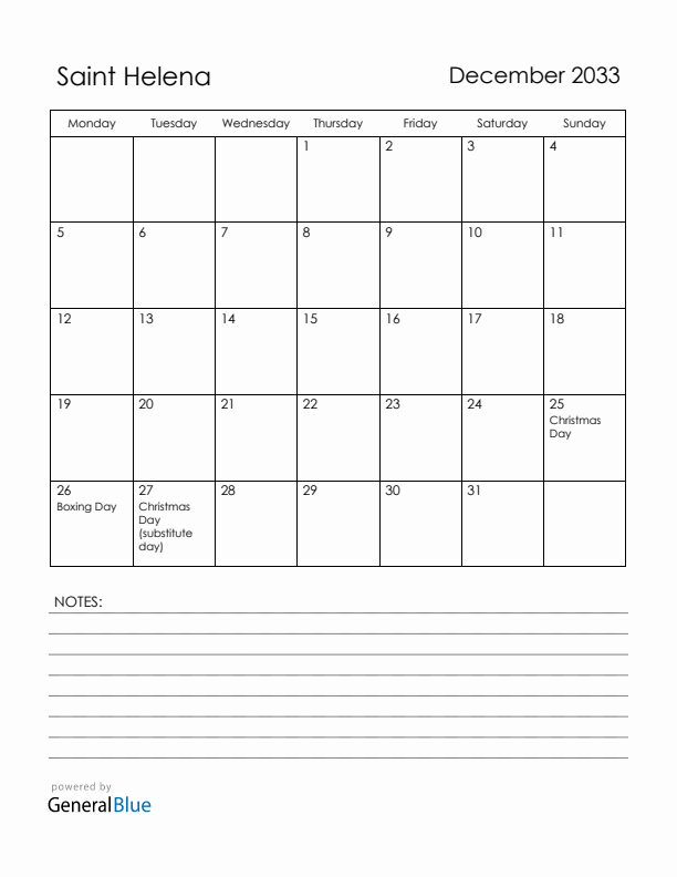 December 2033 Saint Helena Calendar with Holidays (Monday Start)