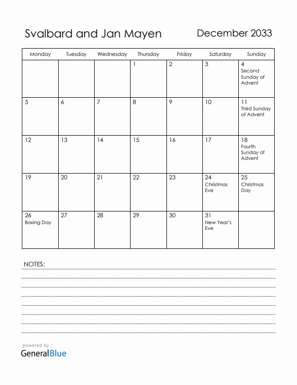 December 2033 Svalbard and Jan Mayen Calendar with Holidays (Monday Start)