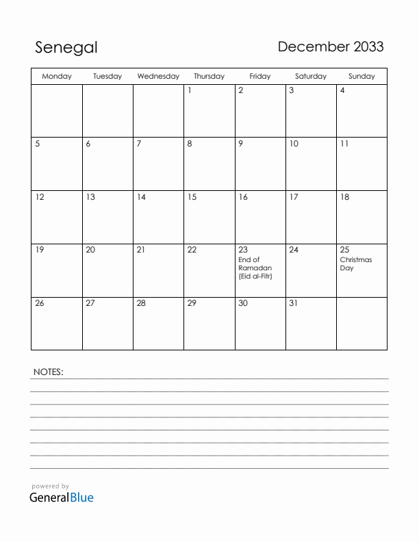 December 2033 Senegal Calendar with Holidays (Monday Start)