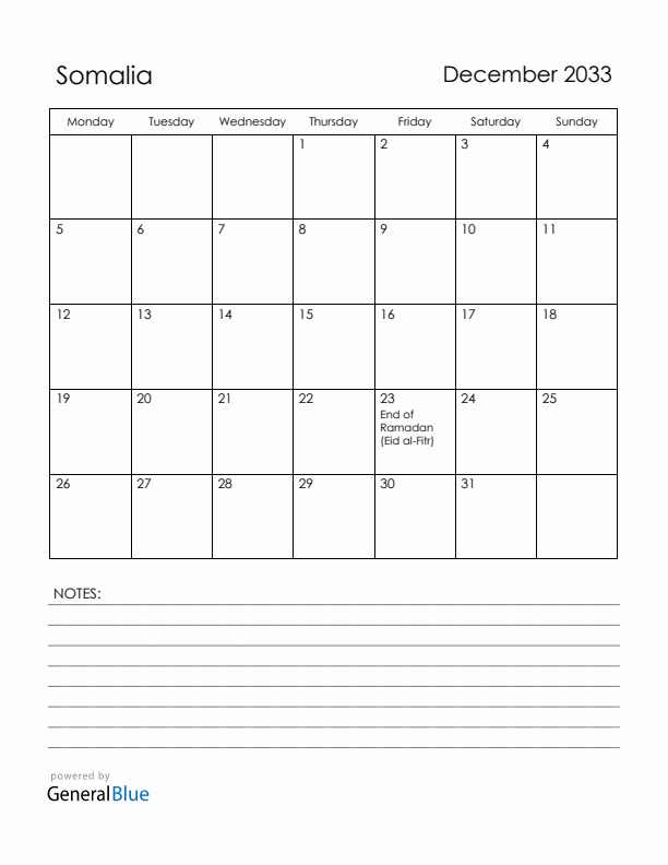 December 2033 Somalia Calendar with Holidays (Monday Start)