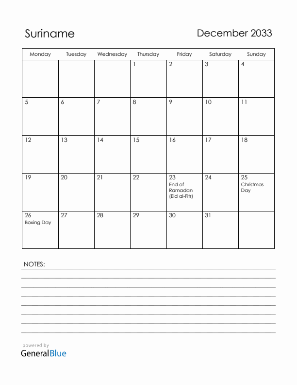 December 2033 Suriname Calendar with Holidays (Monday Start)