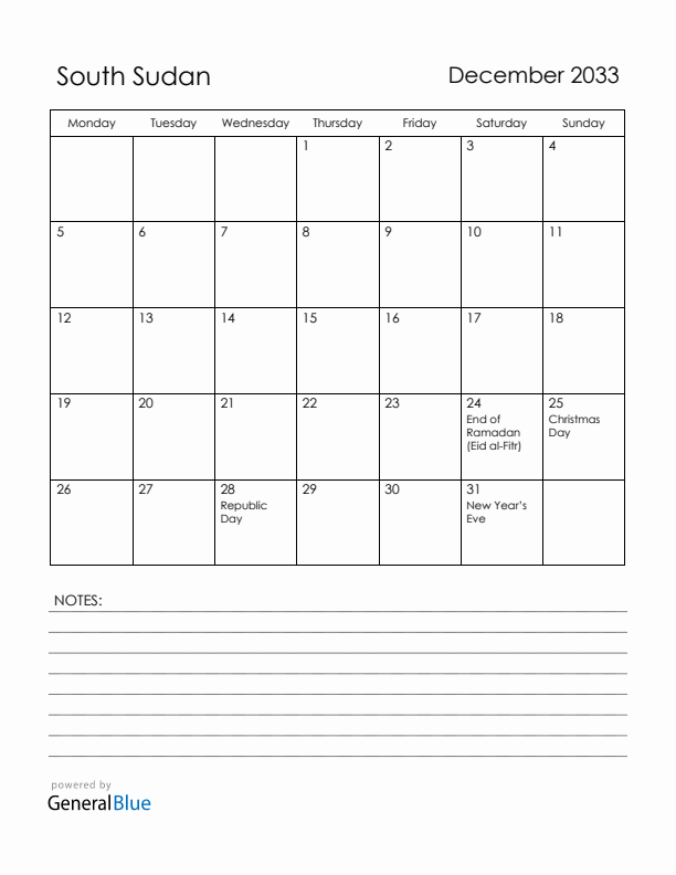December 2033 South Sudan Calendar with Holidays (Monday Start)