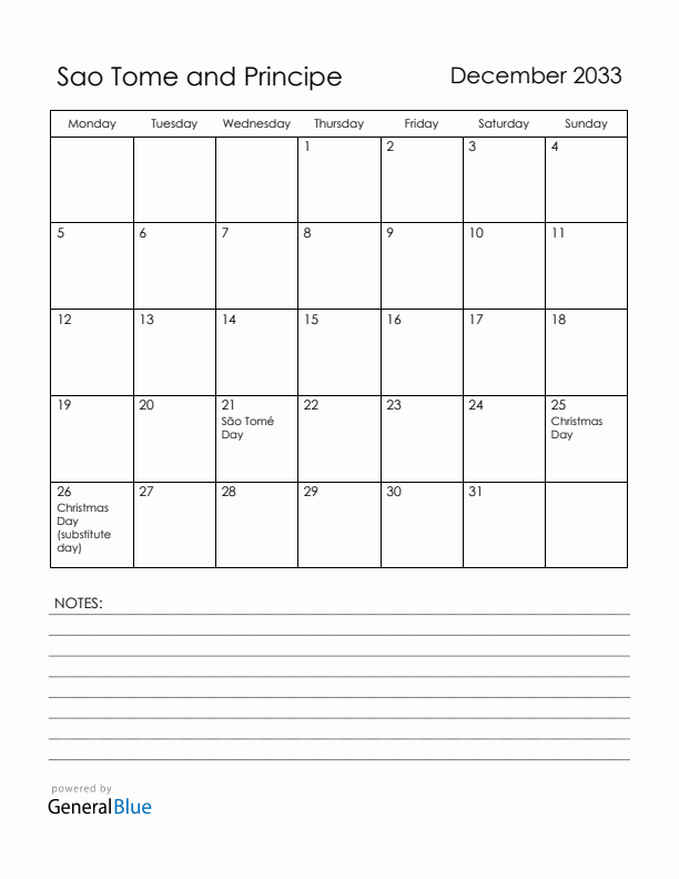 December 2033 Sao Tome and Principe Calendar with Holidays (Monday Start)