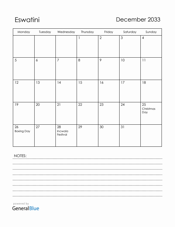 December 2033 Eswatini Calendar with Holidays (Monday Start)