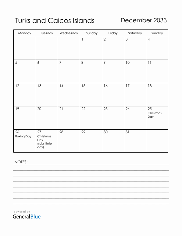 December 2033 Turks and Caicos Islands Calendar with Holidays (Monday Start)