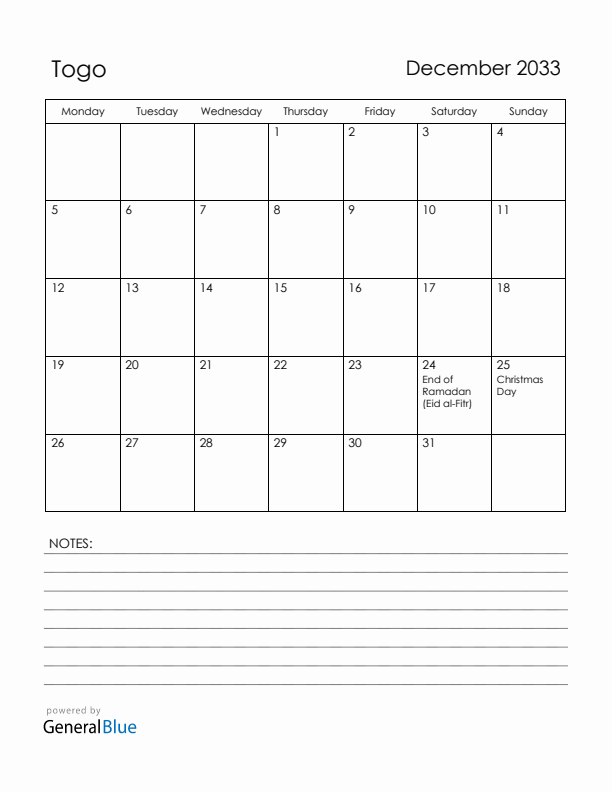 December 2033 Togo Calendar with Holidays (Monday Start)