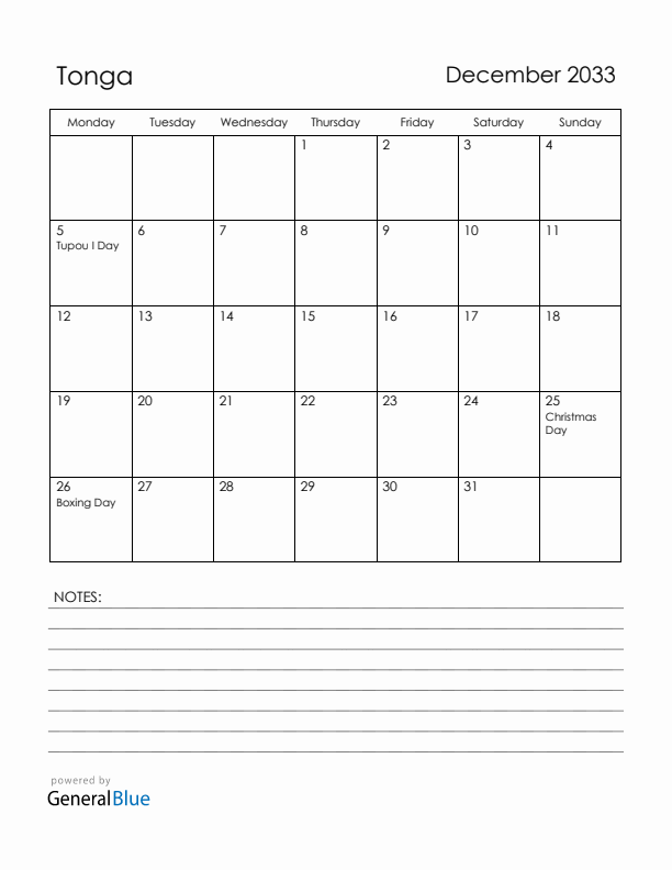 December 2033 Tonga Calendar with Holidays (Monday Start)