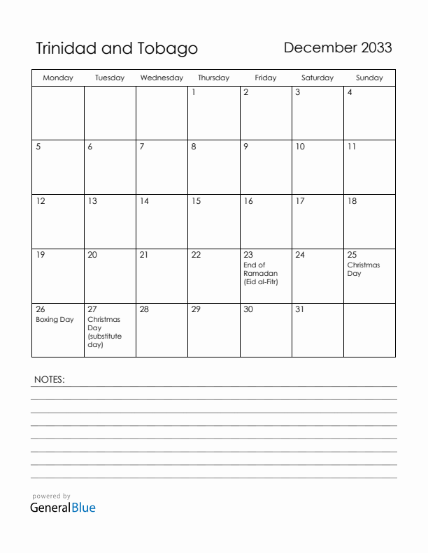 December 2033 Trinidad and Tobago Calendar with Holidays (Monday Start)