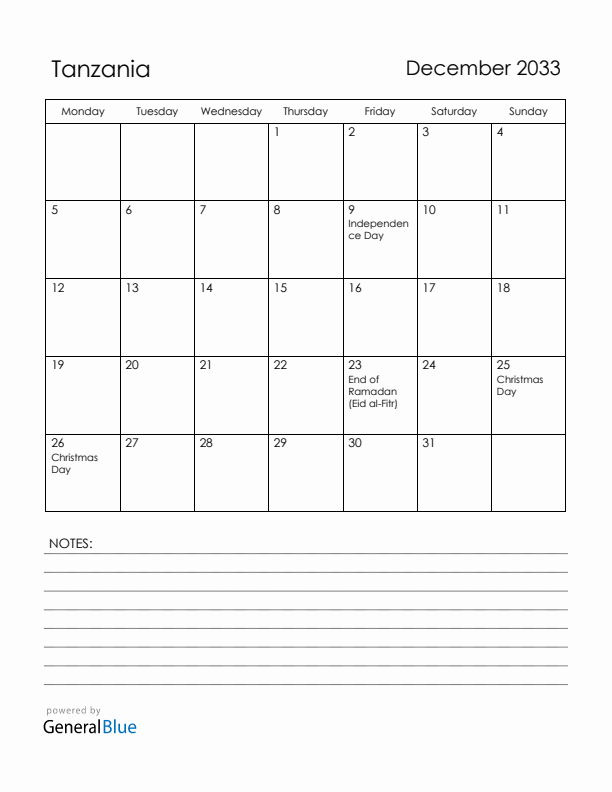 December 2033 Tanzania Calendar with Holidays (Monday Start)