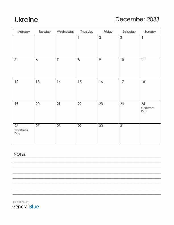 December 2033 Ukraine Calendar with Holidays (Monday Start)