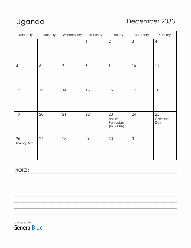 December 2033 Uganda Calendar with Holidays (Monday Start)