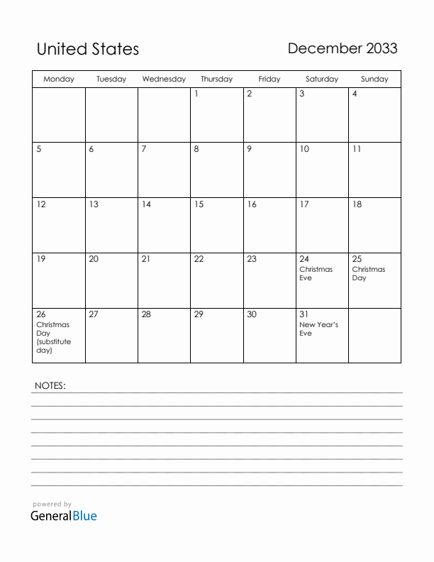 December 2033 United States Calendar with Holidays (Monday Start)