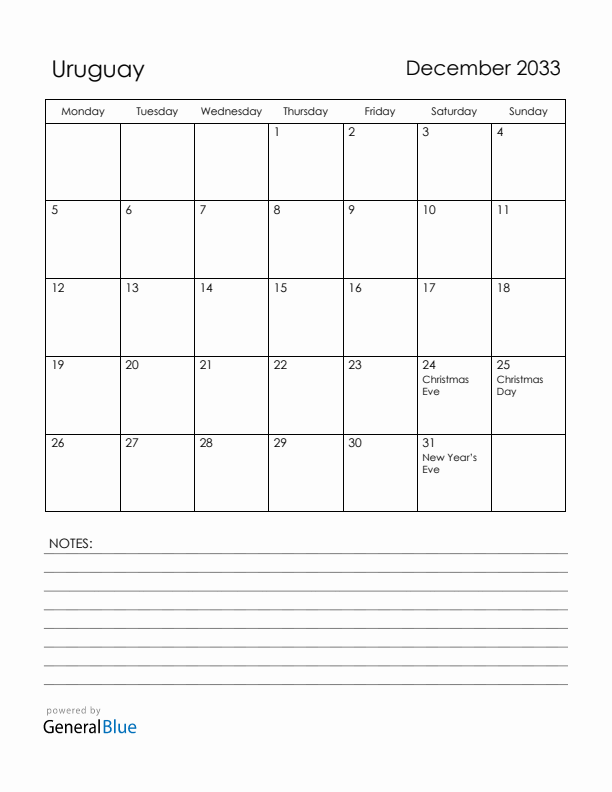 December 2033 Uruguay Calendar with Holidays (Monday Start)