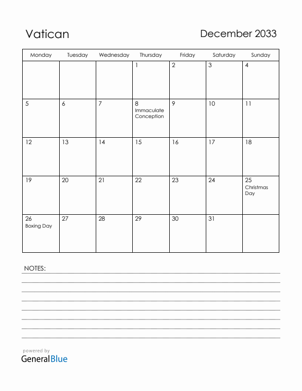December 2033 Vatican Calendar with Holidays (Monday Start)