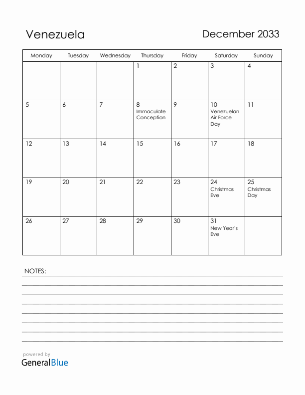 December 2033 Venezuela Calendar with Holidays (Monday Start)
