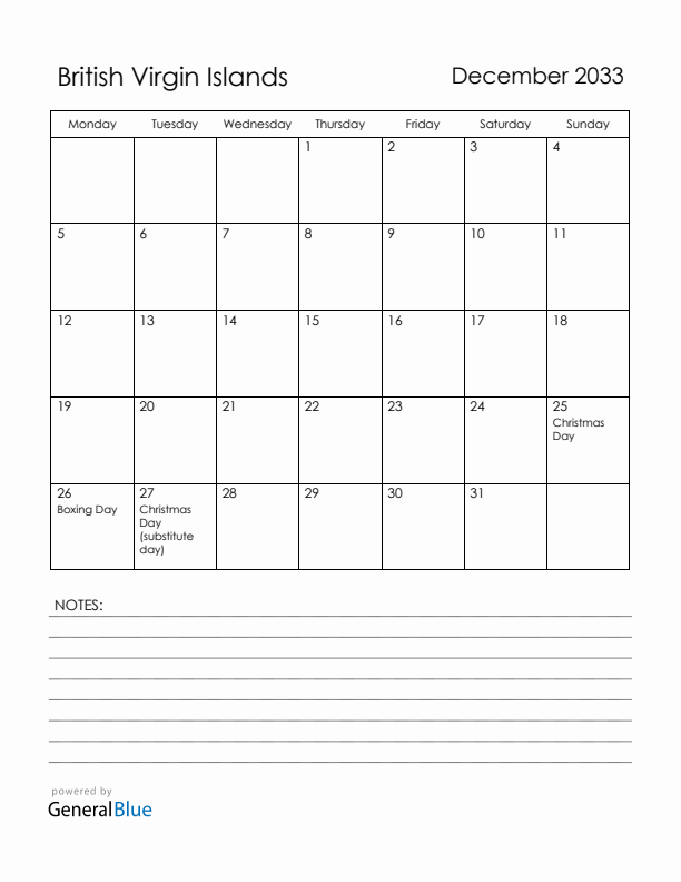 December 2033 British Virgin Islands Calendar with Holidays (Monday Start)