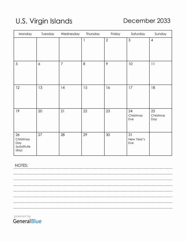 December 2033 U.S. Virgin Islands Calendar with Holidays (Monday Start)