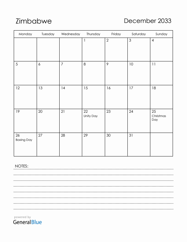 December 2033 Zimbabwe Calendar with Holidays (Monday Start)