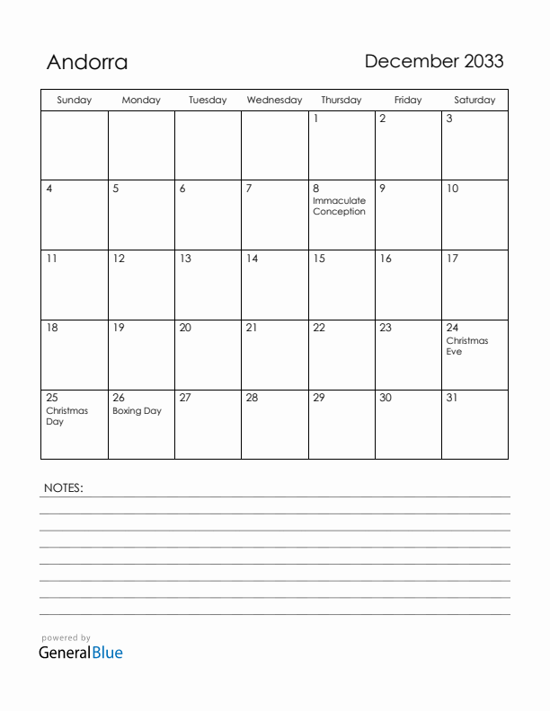 December 2033 Andorra Calendar with Holidays (Sunday Start)