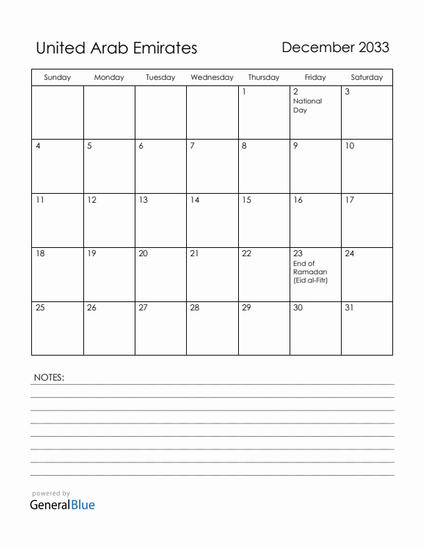 December 2033 United Arab Emirates Calendar with Holidays (Sunday Start)