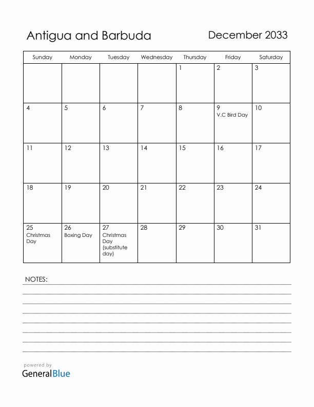 December 2033 Antigua and Barbuda Calendar with Holidays (Sunday Start)