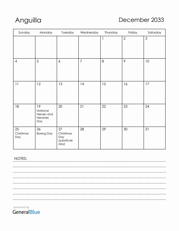 December 2033 Anguilla Calendar with Holidays (Sunday Start)