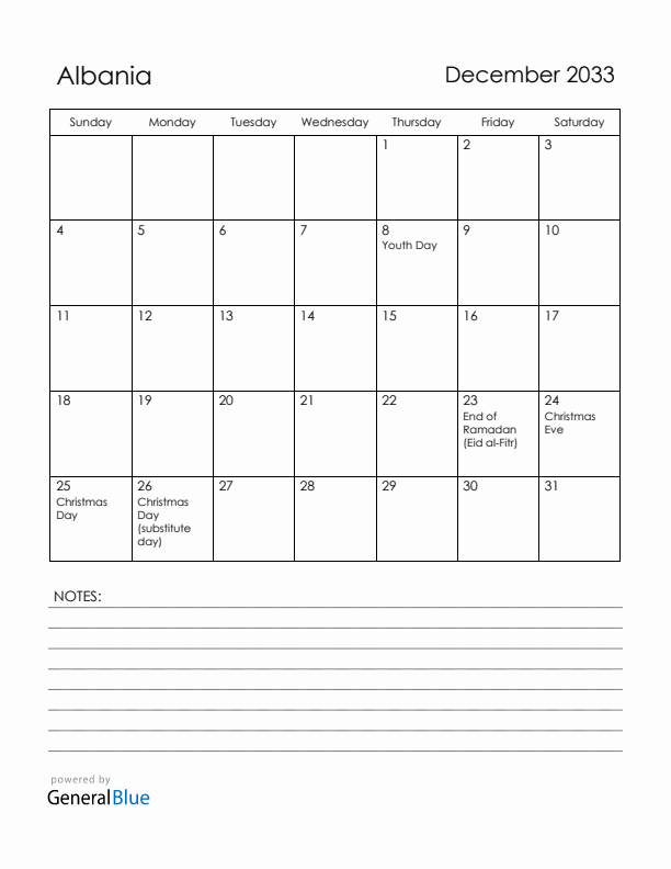 December 2033 Albania Calendar with Holidays (Sunday Start)