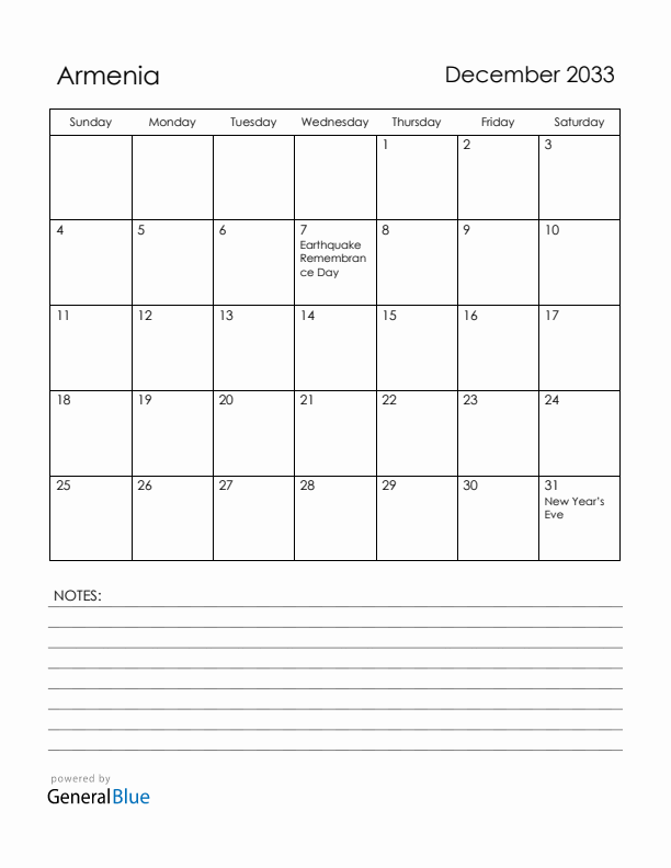 December 2033 Armenia Calendar with Holidays (Sunday Start)