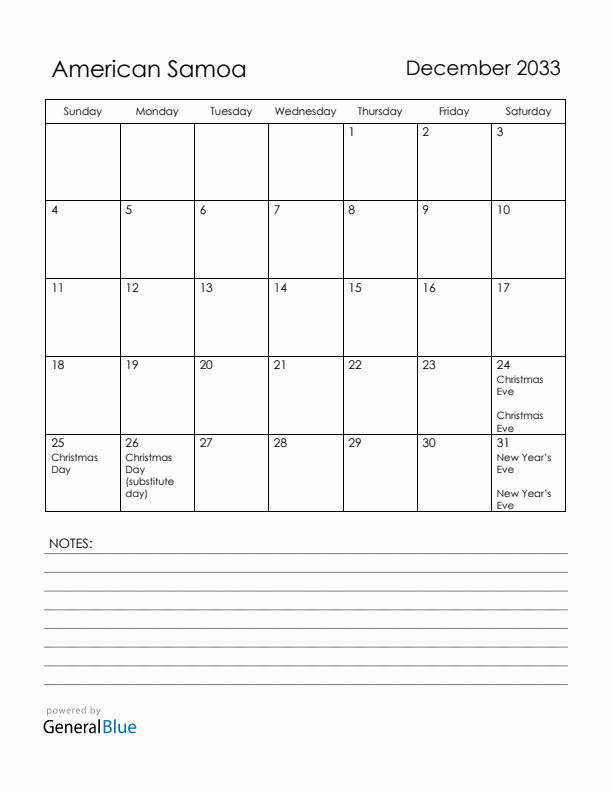December 2033 American Samoa Calendar with Holidays (Sunday Start)