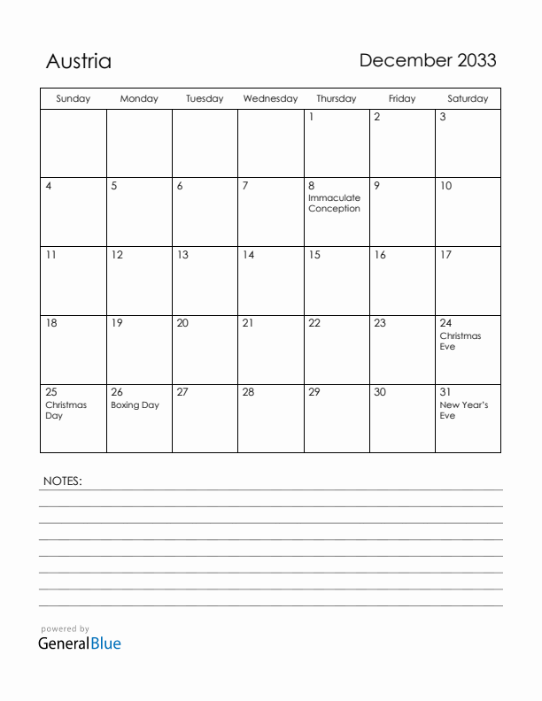 December 2033 Austria Calendar with Holidays (Sunday Start)