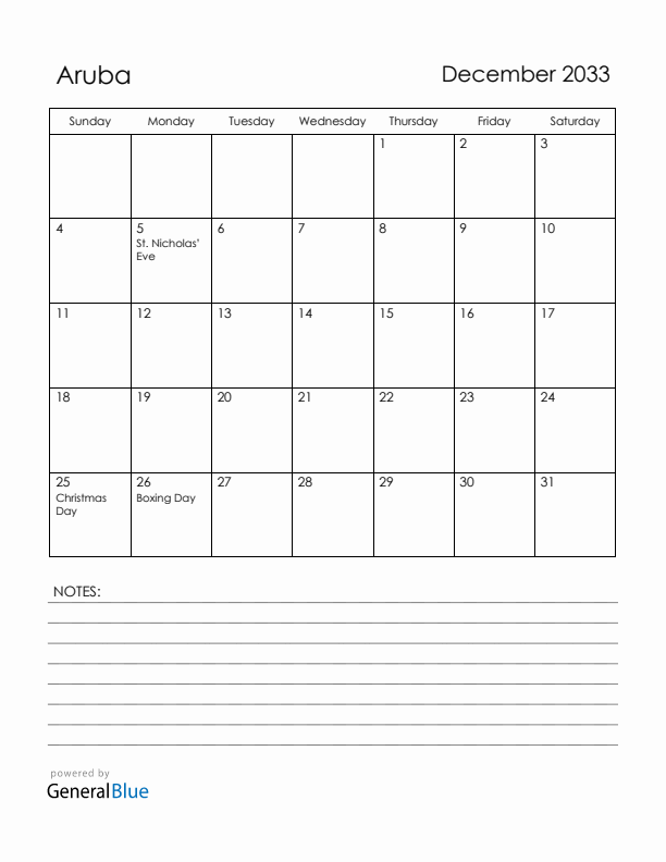 December 2033 Aruba Calendar with Holidays (Sunday Start)