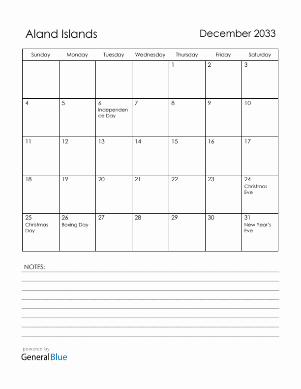 December 2033 Aland Islands Calendar with Holidays (Sunday Start)
