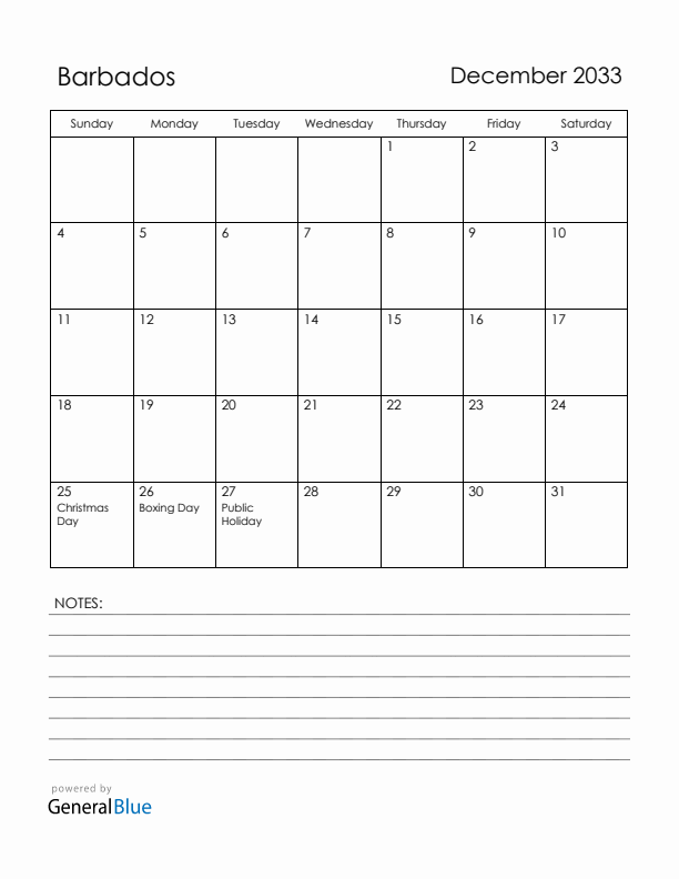 December 2033 Barbados Calendar with Holidays (Sunday Start)