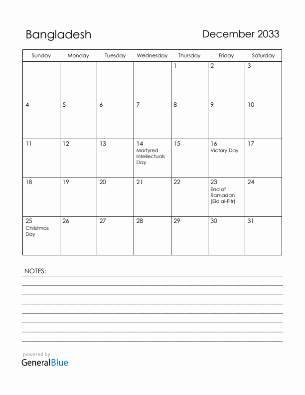December 2033 Bangladesh Calendar with Holidays (Sunday Start)