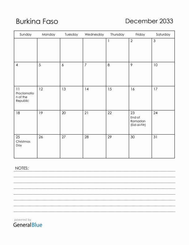 December 2033 Burkina Faso Calendar with Holidays (Sunday Start)