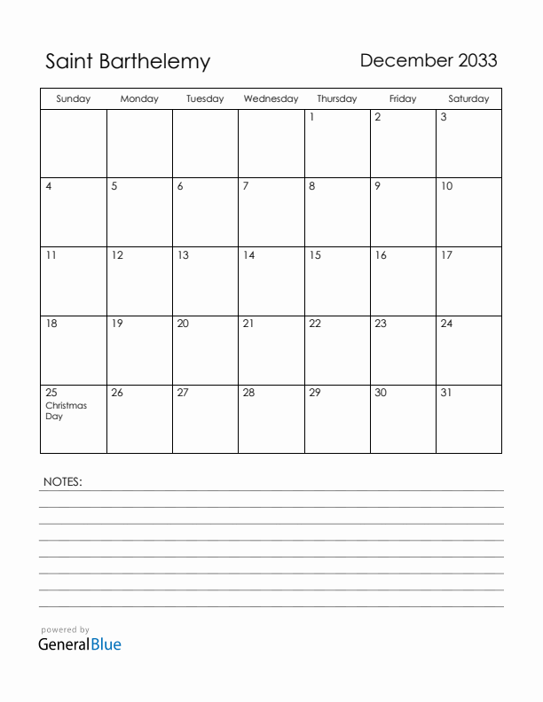 December 2033 Saint Barthelemy Calendar with Holidays (Sunday Start)
