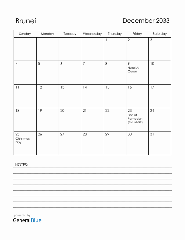 December 2033 Brunei Calendar with Holidays (Sunday Start)