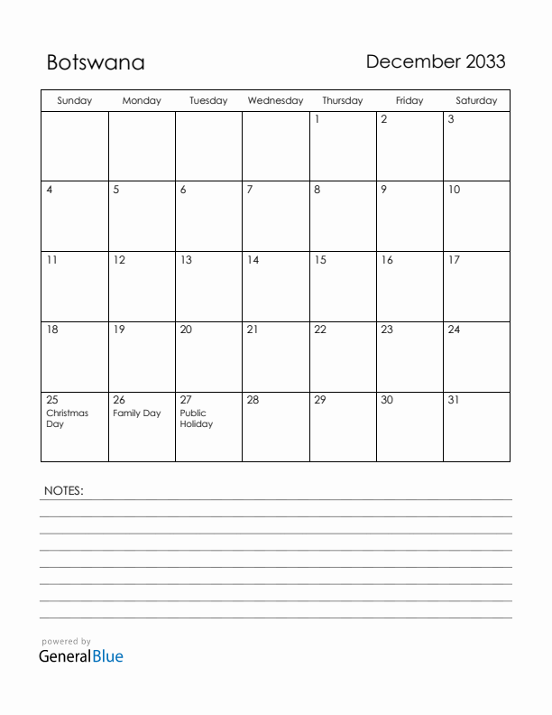 December 2033 Botswana Calendar with Holidays (Sunday Start)