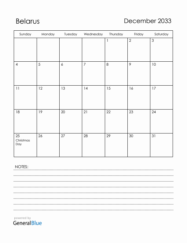 December 2033 Belarus Calendar with Holidays (Sunday Start)